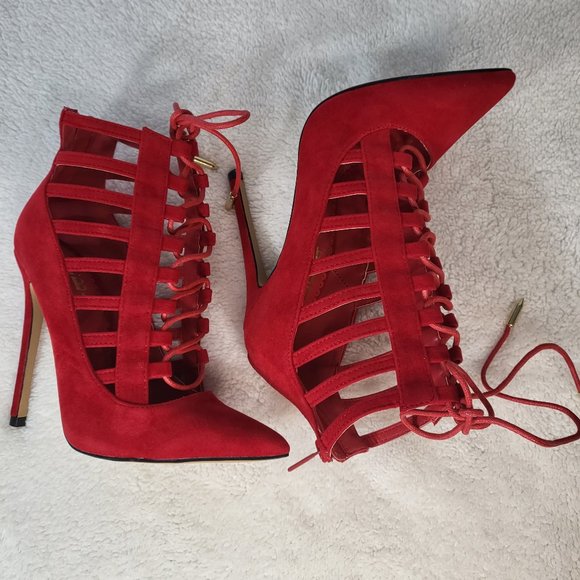 ☆ Alba Red Cage Cut Pointy Toe Lace Up Ankle Boots - Picture 9 of 9
